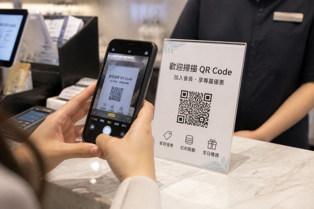 幫我生成一張用手機掃櫃檯立牌QRcode的情境圖